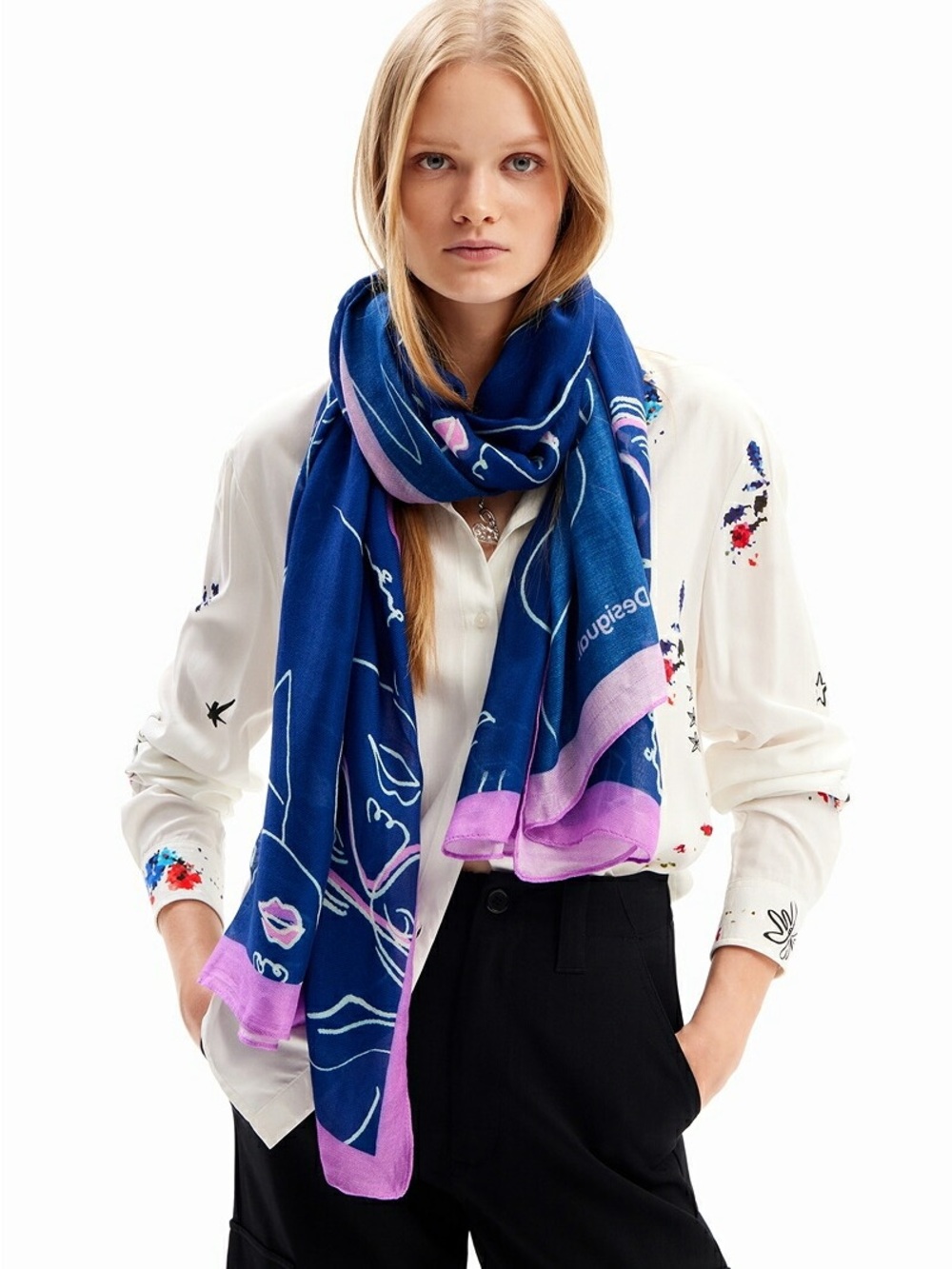 Desigual Blue Lilac Printed Women's Faces Novelty Print Scarf Colorful